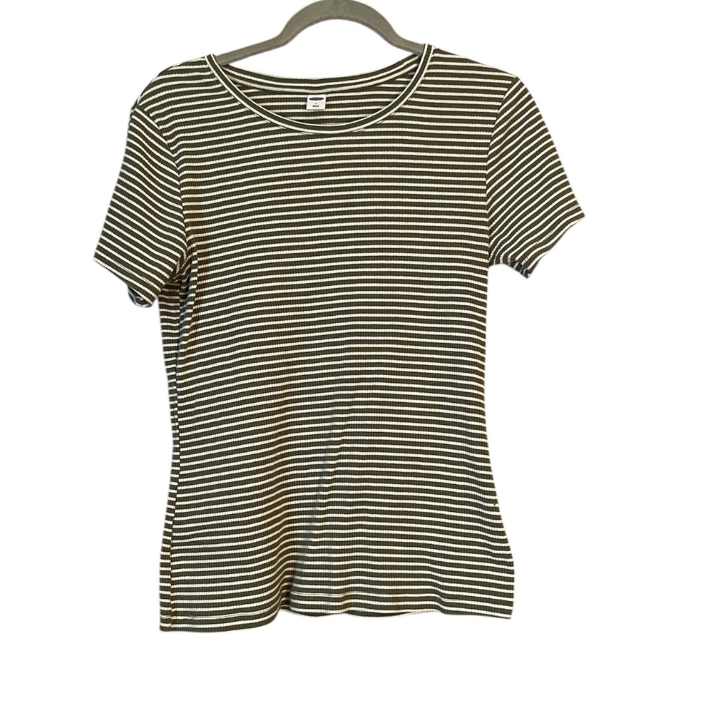 Striped Short Sleeve Top - Olive and White